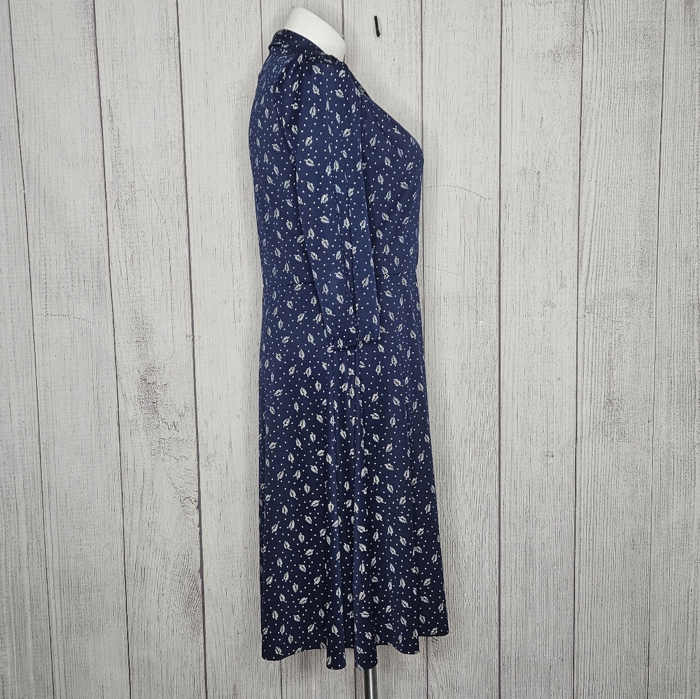 VTG Volup Montgomery Ward Navy Blue Midi Dress With Leaf Print, sz Large/XL - Picture 3 of 8